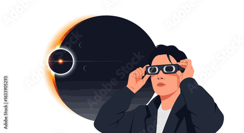 Man Observes Solar Eclipse Using Special Glasses With Universe Backdrop
