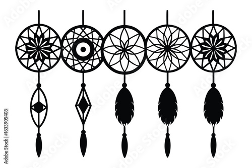 Collection of five decorative dream catchers with feathers and geometric designs