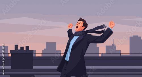 Man On Rooftop Expressing Freedom And Success Against City Skyline Backdrop