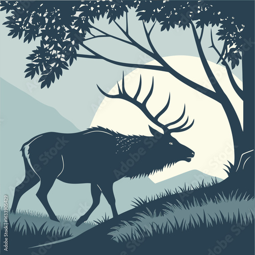 Silhouette of a Majestic Irish Elk Grazing with Enormous Antlers.