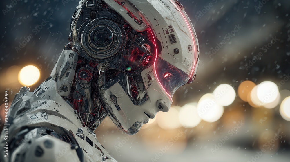 Fototapeta premium Robot figure with intricate design stands in a snowy urban environment during nighttime