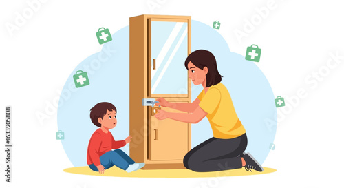 Mother Securing Cabinet With Child Safety Lock To Prevent First Aid Accidents