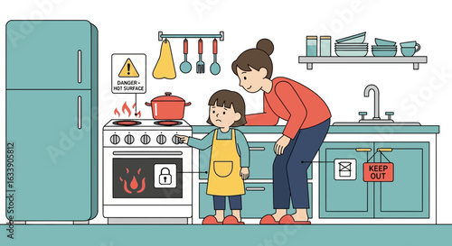 Mother Teaching Child About Kitchen Safety Near A Hot Stove Illustration