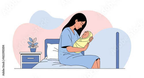 Motherhood Blissful Moment Postpartum Bonding Embrace Gentle Care Illustration