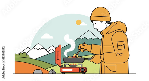 Man Preparing Food Outdoors While Camping With Mountains Background
