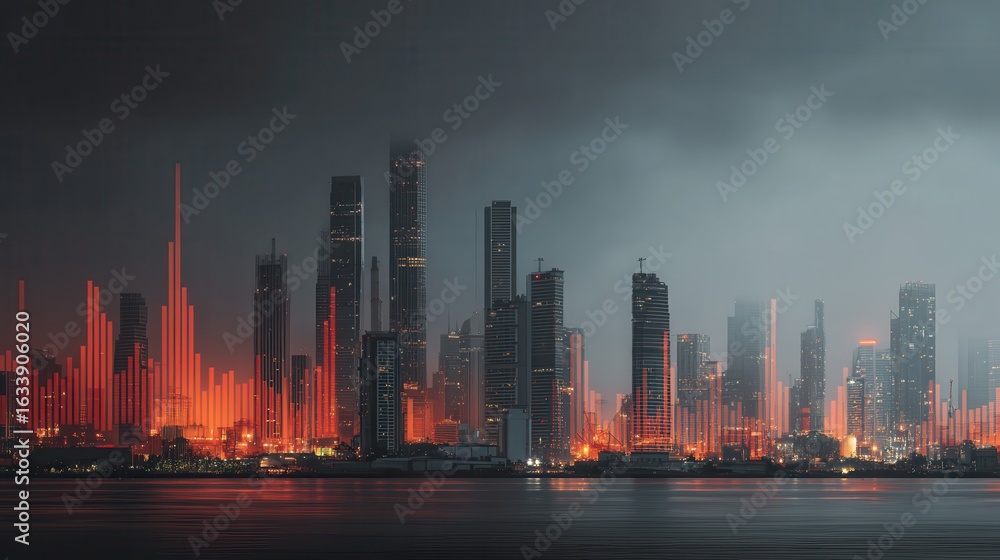 Fototapeta premium City skyline illuminated by vibrant red lights during twilight hours with reflective water surface