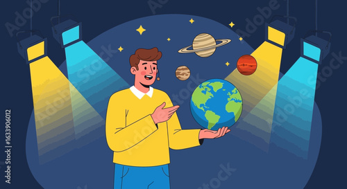 Man Presents Earth and Planets Under Spotlights in The Space Presentation