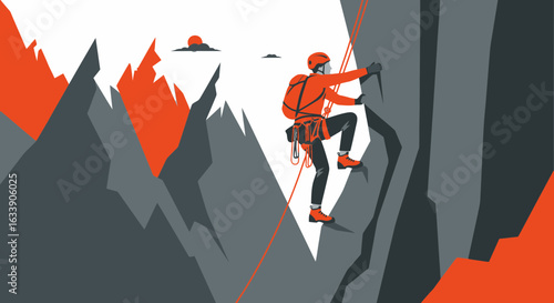 Mountaineer Ascent On Steep Cliffside Conquering A Rocky Peak At Sunset Adventure Concept
