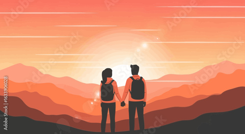 Loving Couple Silhouette Enjoying Sunset Scenery During Mountain Adventure Trip