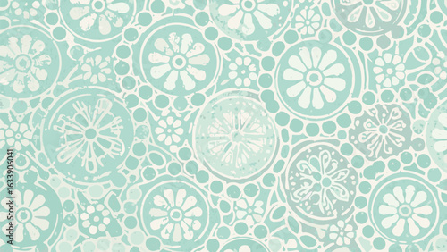 Floral pattern with circles and flowers in a light turquoise and white color scheme design element