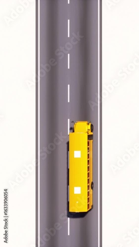 Top down view of cartoon yellow american school bus moving on empty asphalt highway road isolated on white background. Loopable vertical concept 3D animation.