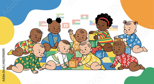 Multicultural Babies Playing Together With Building Blocks Displaying Global Flags