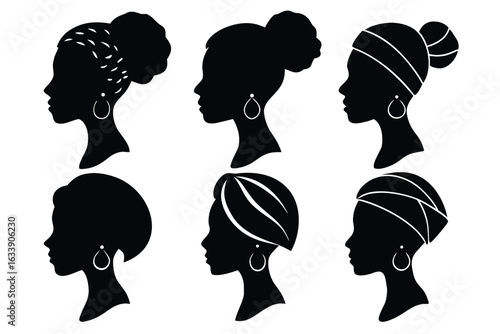 Collection of black silhouettes of women with diverse hairstyles and earrings