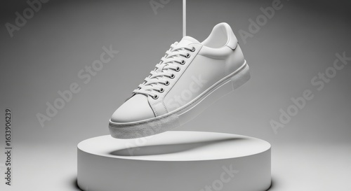 Ai generated image of white leather sneaker suspended in the air above a pedestal, isolated on white background