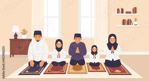 Muslim Family Praying Together During Ramadan in Flat Vector Illustration