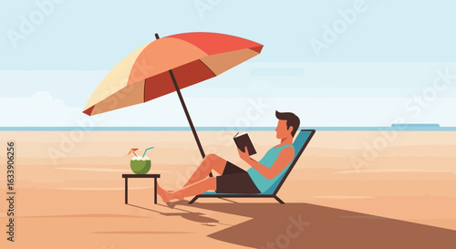 Man Relaxing On Sandy Beach With Drink And Book In Summer Time