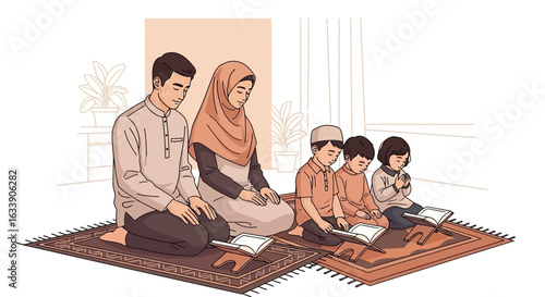Muslim Family Praying Together in a Humble Home with Faith and Devotion