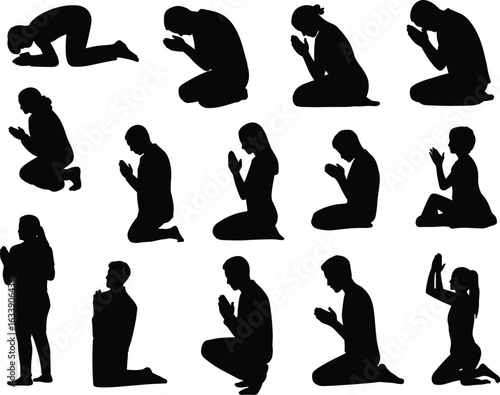 Praying silhouette set, spiritual devotion poses, meditation icons, worship illustration, religious practice, peaceful reflection, kneeling figures, faith design
