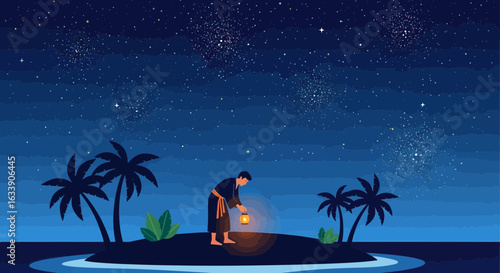 Mystical Island Wanderer Illuminated by Lantern Under Starry Night Sky
