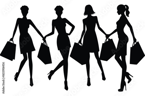 Four stylish women silhouettes holding shopping bags