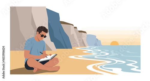 Man Sits on Beach Drawing at Sunset with Cliffs and Ocean Waves