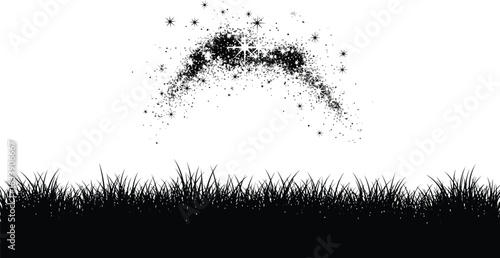 A whimsical illustration features black grass silhouettes and a sparkling starburst arc, perfect for fantasy themes, magical designs, or creative projects needing a touch of wonder.
