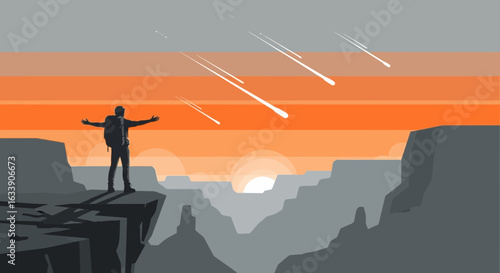 Man Silhouette Admiring Shooting Stars Over Grand Canyon Scenery Landscape