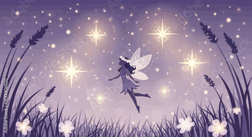 Magical Twilight: Whimsical Fairy Flight In A Starry Meadow Dream