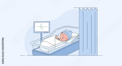 Newborn Infant Sleeping Peacefully In Hospital Bassinet Under Medical Observation