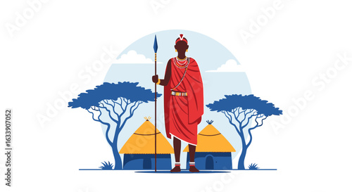 Majestic Maasai Warrior Standing Tall In Traditional African Village Setting