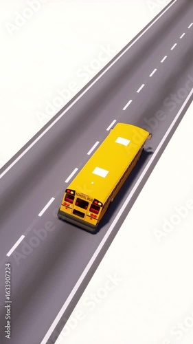 High angle view of cartoon yellow american school bus moving on empty asphalt highway road isolated on white background. Loopable vertical concept 3D animation.