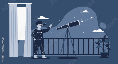 Night Sky Discovery A Boy Gazing At Constellations With A Telescope