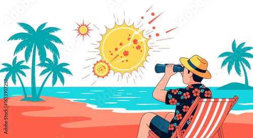 Man Watches Solar Outburst From A Tropical Beach With Binoculars Illustration