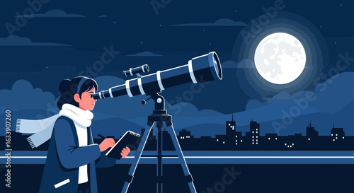 Night Sky Gazing Woman Observes Lunar Surface With Telescope Vector