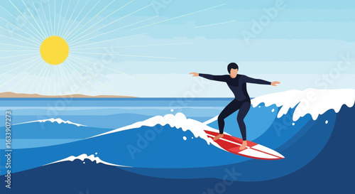 Male Surfer Rides a Wave Under a Sunny Sky in a Flat Vector Design