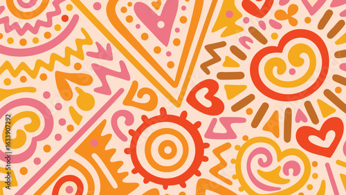 Abstract pattern with hearts swirls zigzags and geometric shapes in pink orange yellow and brown hues