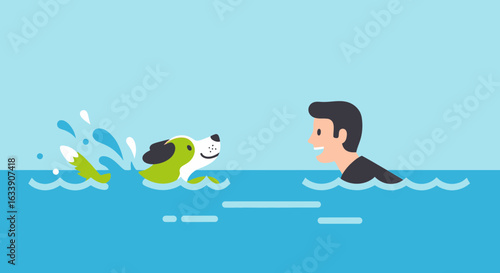 Man And Dog Swimming Together In Blue Water Vector Illustration