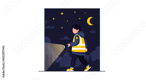 Nighttime Adventure: Boy Exploring with Flashlight Under Moonlight And Starry Sky