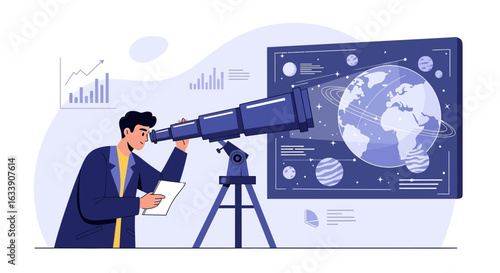 Man With Telescope Searching Future Trends Analyzing New Opportunities