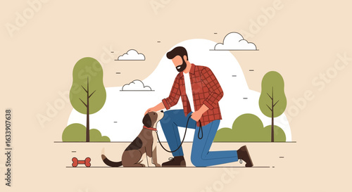 Man Bonding With His Dog Petting It Outdoors In A Park Flat Design