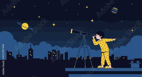 Nighttime Astronomy Dreams Young Boy Gazing Stars Through Telescope On City Rooftop