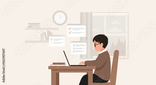 Man Working On Laptop With Task List For Productivity At Home Concept