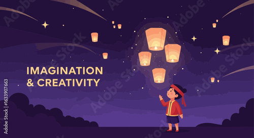 Nighttime Celebration Boy with Floating Lanterns Under Starry Skies
