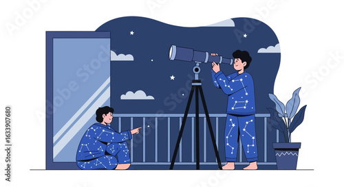 Nighttime Astronomy Two Friends Explore The Cosmos Together From Home Balcony