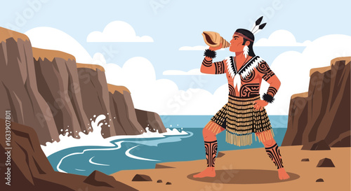 Maori Warrior Sounds A Call On Beach With Traditional Clothing And Tattoos
