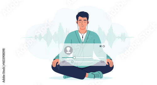 Meditating Man With Headphones Enjoying Sound Healing Therapy Session