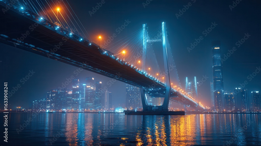 Obraz premium Brightly lit bridge spans across a river in a vibrant city at night showcasing stunning urban architecture