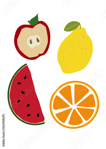 Früchte Obst Apfel Zitrone Melone Orange gezeichnet Zeichnung scribbled gesund 