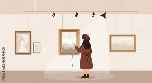 Melancholic Moment A Young Woman Contemplates An Art Piece In Gallery