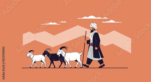 Nomad Guiding His Goat Herd Through A Hilly Middle Eastern Landscape